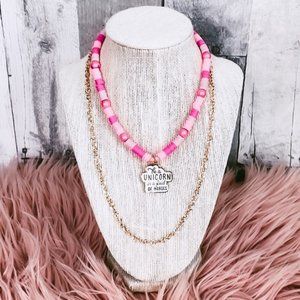 Handcrafted layered gold chain, pink beaded necklace w/Unicorn rose gold charm